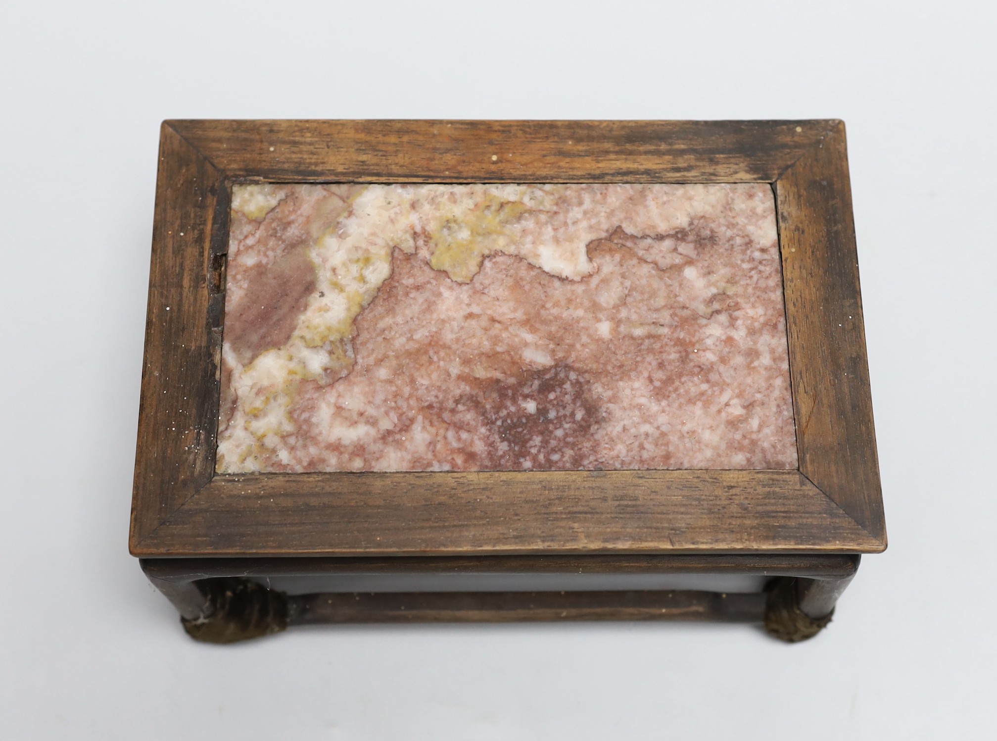 A small Chinese hongmu and marble inset stand, 21cm long